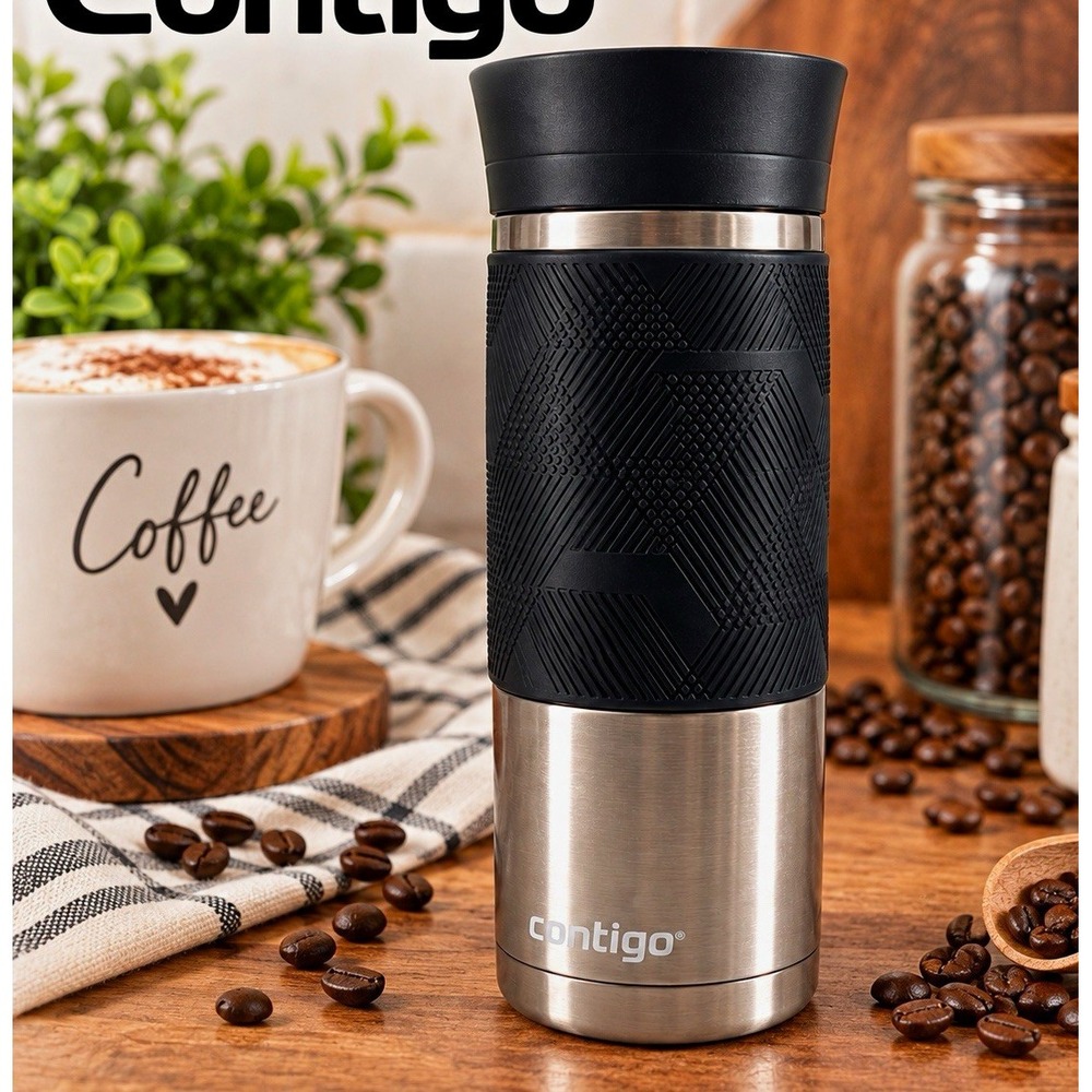 Contigo Stainless Steel Travel Mug Black Grip Insulated Coffee Tumbler 16 oz